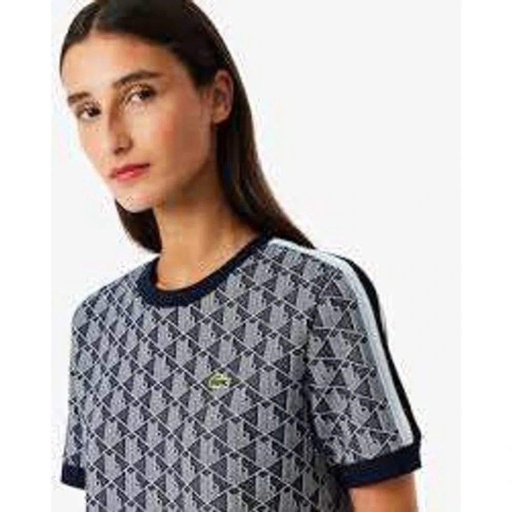 Lacoste Womens Slim Fit‎ Geometric Monogram T-Shirt Navy Blue Size 36